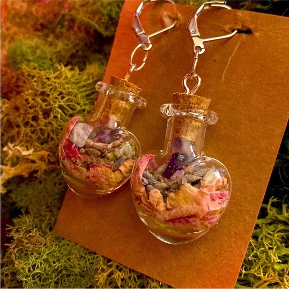 Earrings handmade Bottle Heart Love Herbal 
Rose Amethyst Salt Lavender witchy - Picture 2 of 10